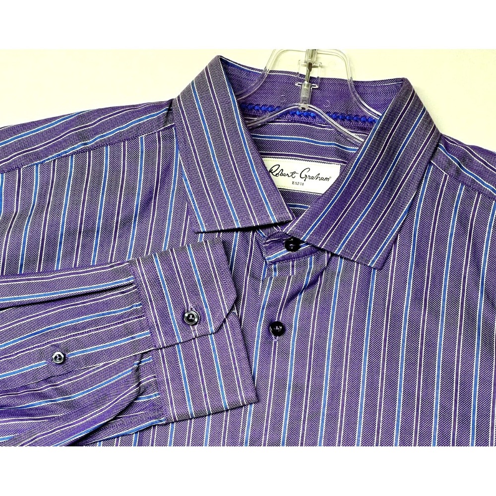 Robert Graham Shirt Men's 17.5 Purple Long Sleeve Striped Button Down